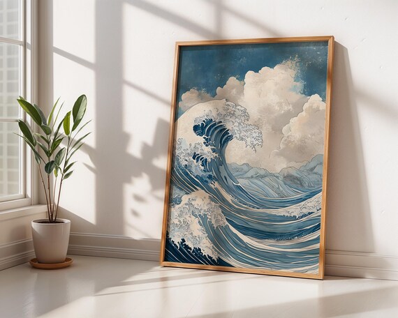 Japanese Great Wave Ukiyoe Style Dramatic Ocean Blue Sea Poster