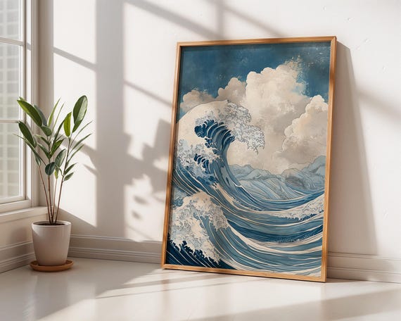 Japanese Wave Wall Art Print Ukiyoe Style Ocean Scene Hokusai Stylized Waves Clouds Mountains Modern Coastal Home Living Room Decor Gift