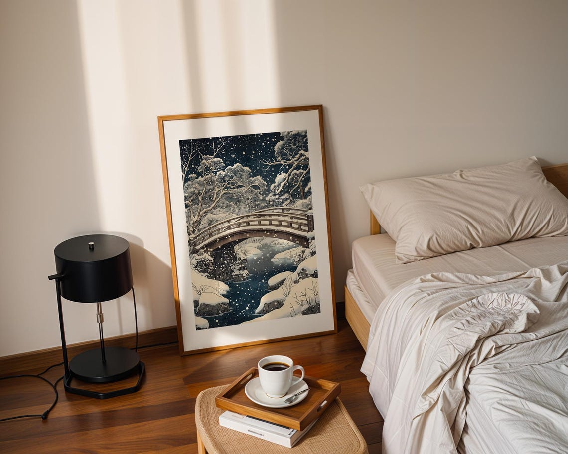 Serene Japanese Snowy Night Bridge Winter Landscape Art Print - Image 3