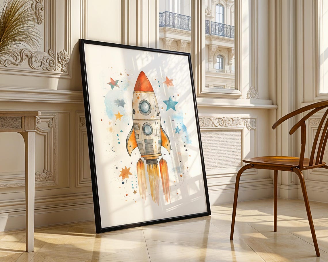 Watercolor Rocket Ship Space Adventure Wall Art Print Room Decor Prints Trendy Poster Nursery Gift - Image 4