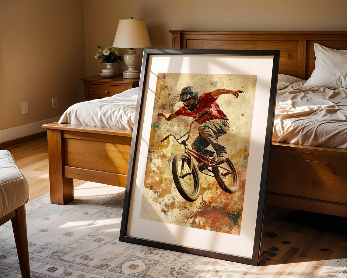 BMX Rider Air Jump Red Shirt Painterly Grunge Sports Action Poster