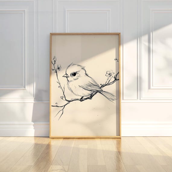Cute Bird Simple Line Drawing Sketch Wall Art Print Black White Nature Botanical Branch Flower Animal Wildlife Home Decor Nursery Kids Room