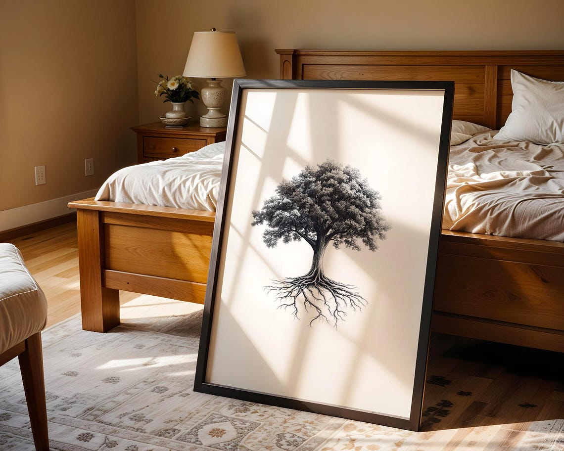 Black and White Tree of Life with Exposed Roots Ink Drawing Poster - Image 4