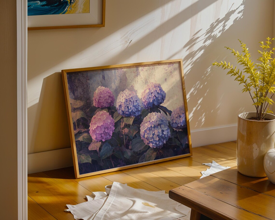 Pink Blue Hydrangea Blooms Summer Garden Flower Oil Painting Poster - Image 4