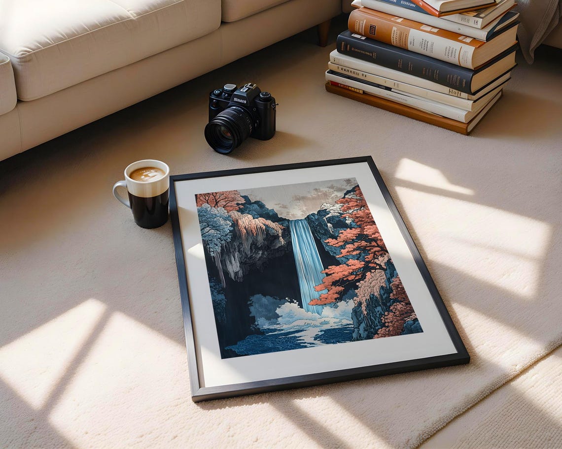 Japanese Blue Waterfall Art Poster with Autumn Forest Cliffs - Image 5