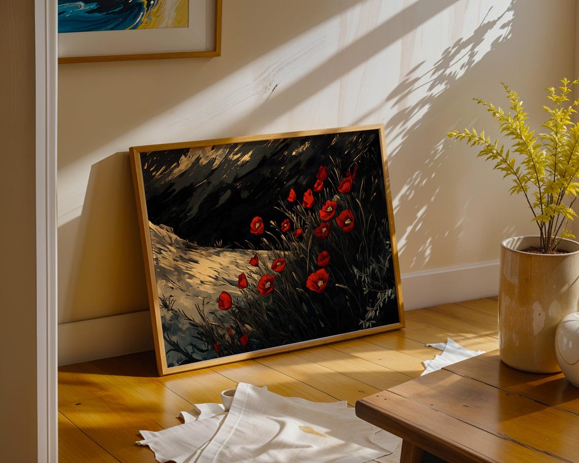Moody Red Poppies On Dark Background Dramatic Floral Painting Poster - Image 4