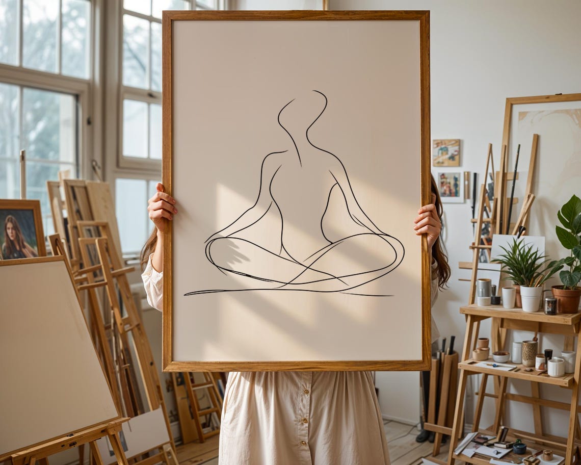 Minimalist Line Drawing Meditating Woman Zen Yoga Calm Poster - Image 2