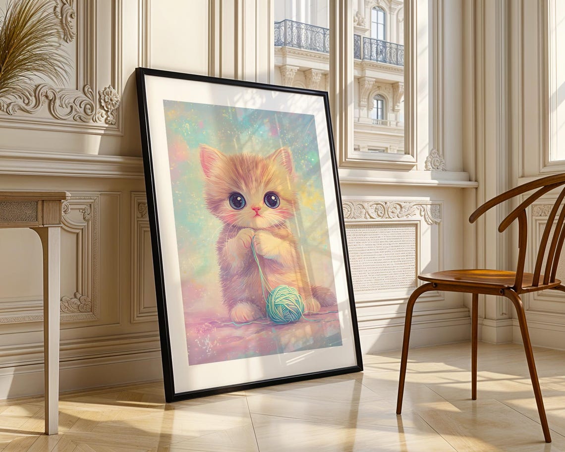 Cute Fluffy Kitten Playing Yarn Ball Pastel Nursery Art Poster - Image 3