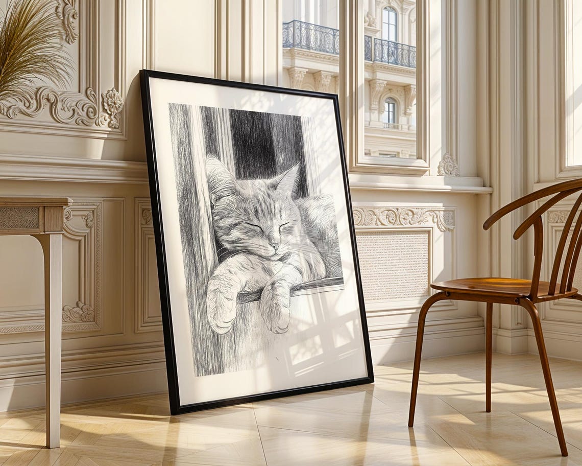 Sleeping Tabby Cat Pencil Sketch Window Sleeping Kitten Art Poster - Image 3