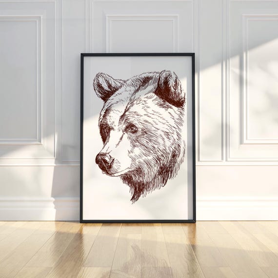 Bear Sketch Line Art Pencil Animal Illustration Drawing Trendy Poster Wall Print Modern Home Decor Gift