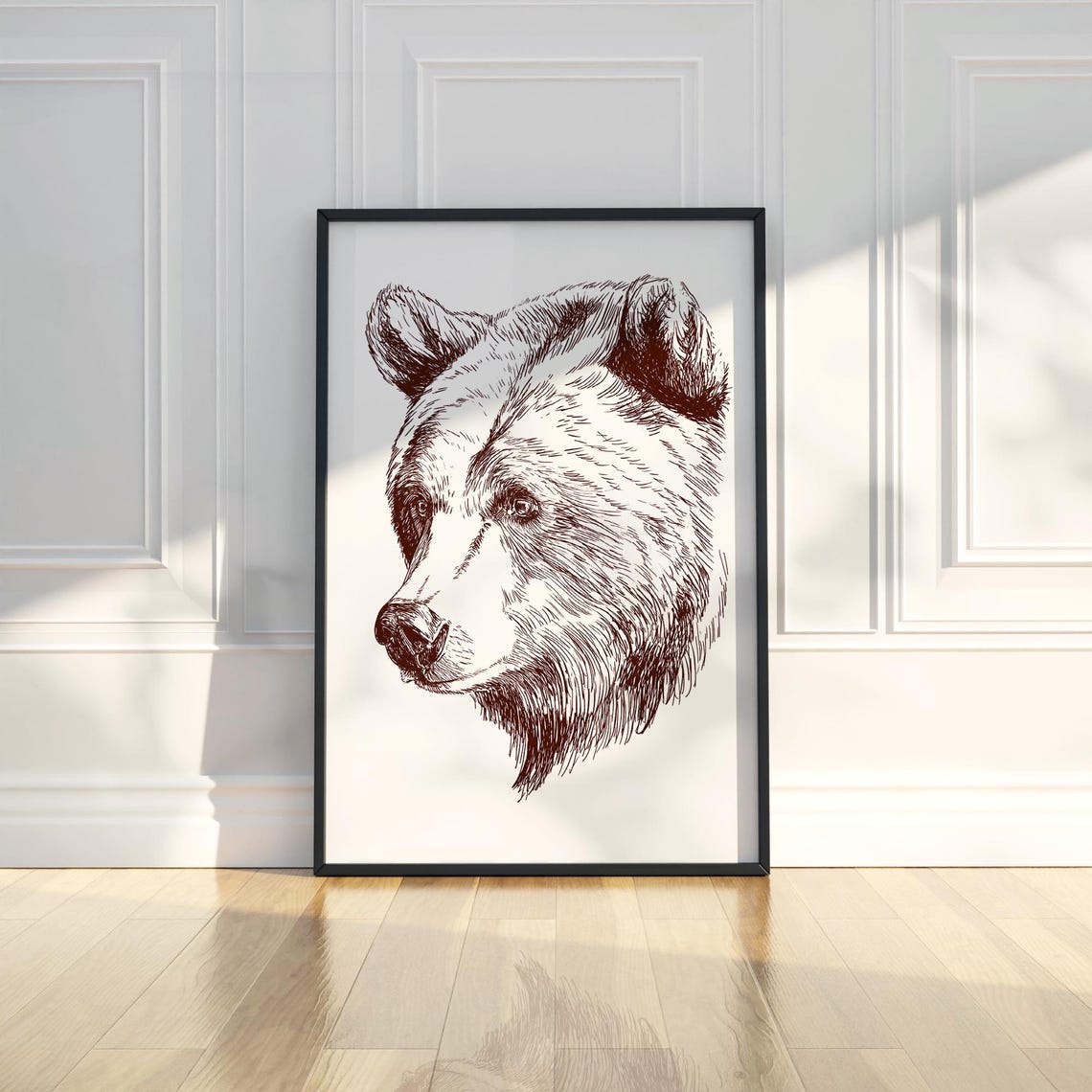 Watchful Bear Head Brown Pencil Sketch Wildlife Line Drawing Poster