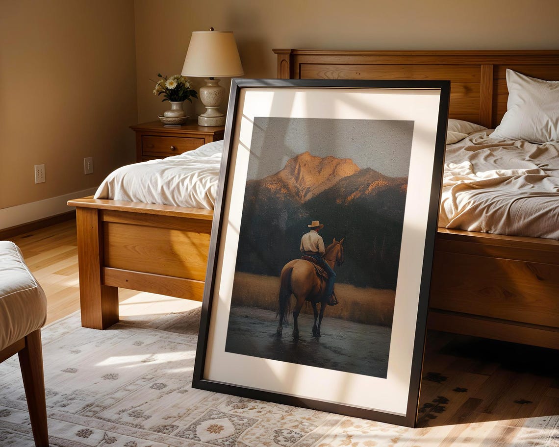 Cowboy Horseback River Crossing Mountain Western Oil Painting Poster - Image 4