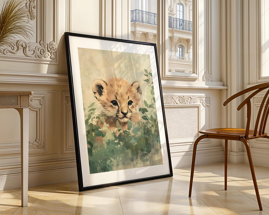 Baby Lion Cub Peeking Through Green Foliage Watercolor Art Poster - Image 5