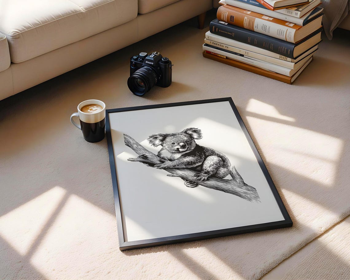 Cute Koala Branch Black White Sketch Australian Wildlife Poster - Image 6