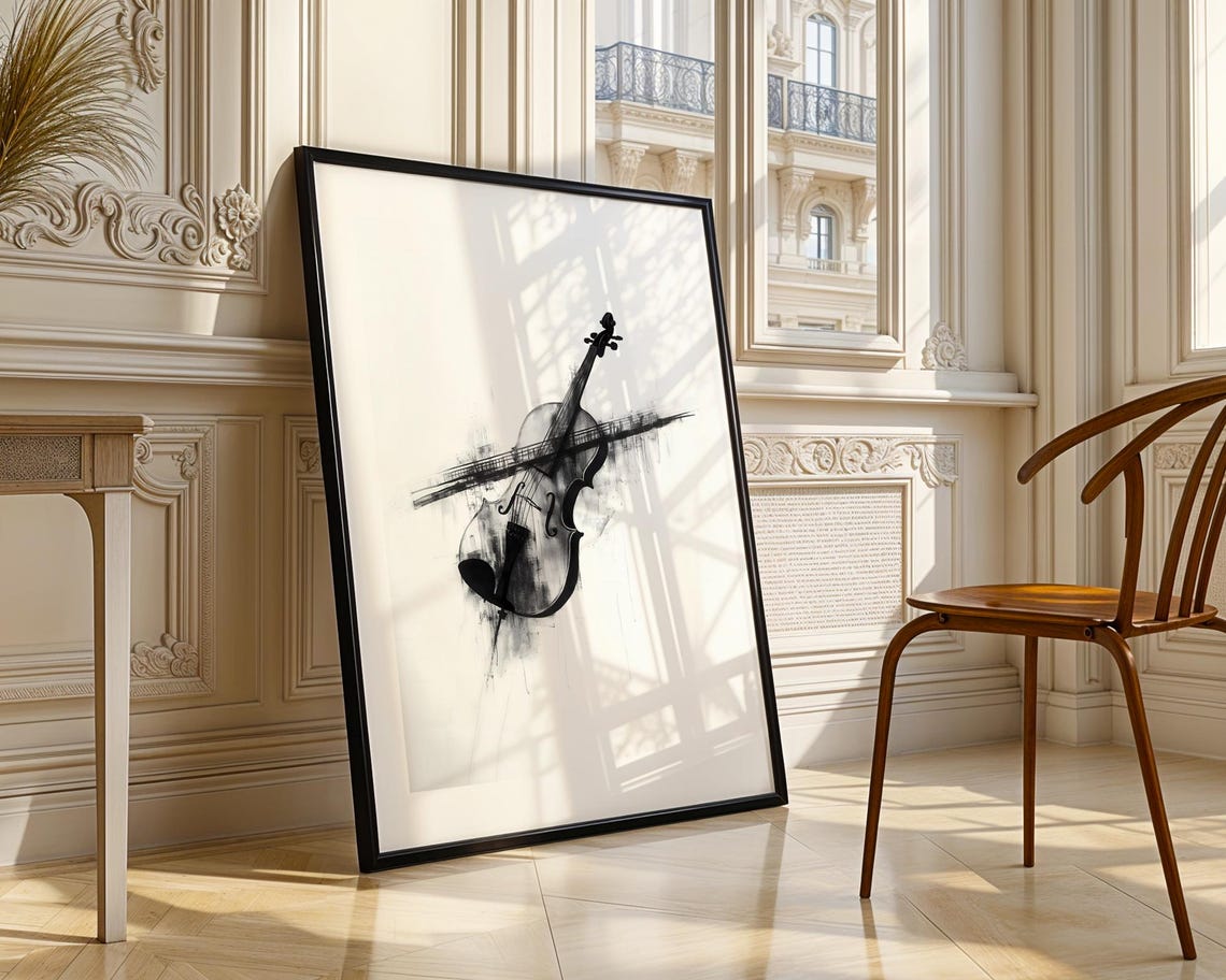 Violin with Music Staff Lines Black Ink Abstract Classical Art Poster - Image 4