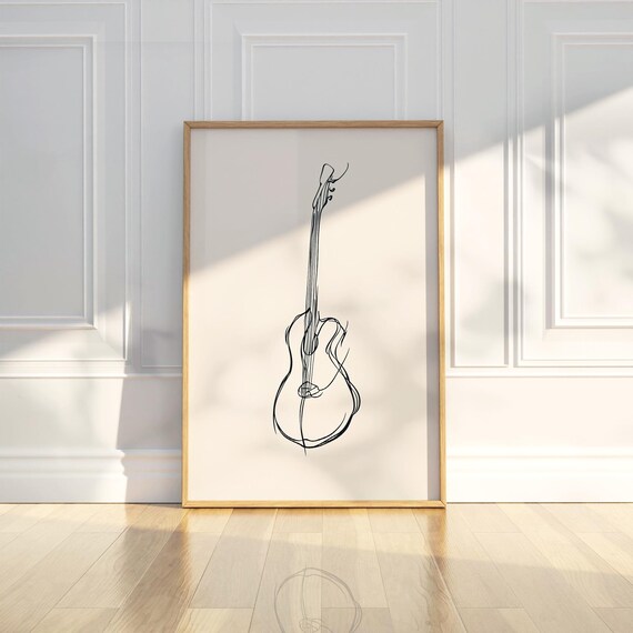 Simple One Line Guitar Outline Drawing Minimalist Music Art Poster