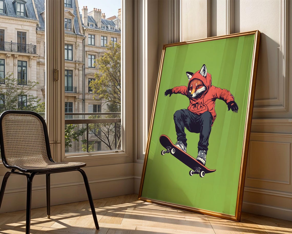 Skateboarding Fox Red Hoodie Kickflip Trick Fresh Green Skater Poster - Image 4