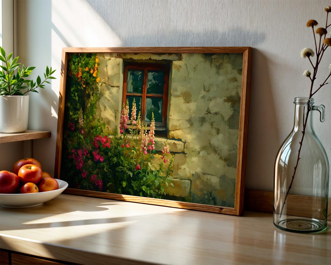 Stone Cottage Window Snapdragons Flowers Impressionist Poster - Image 4
