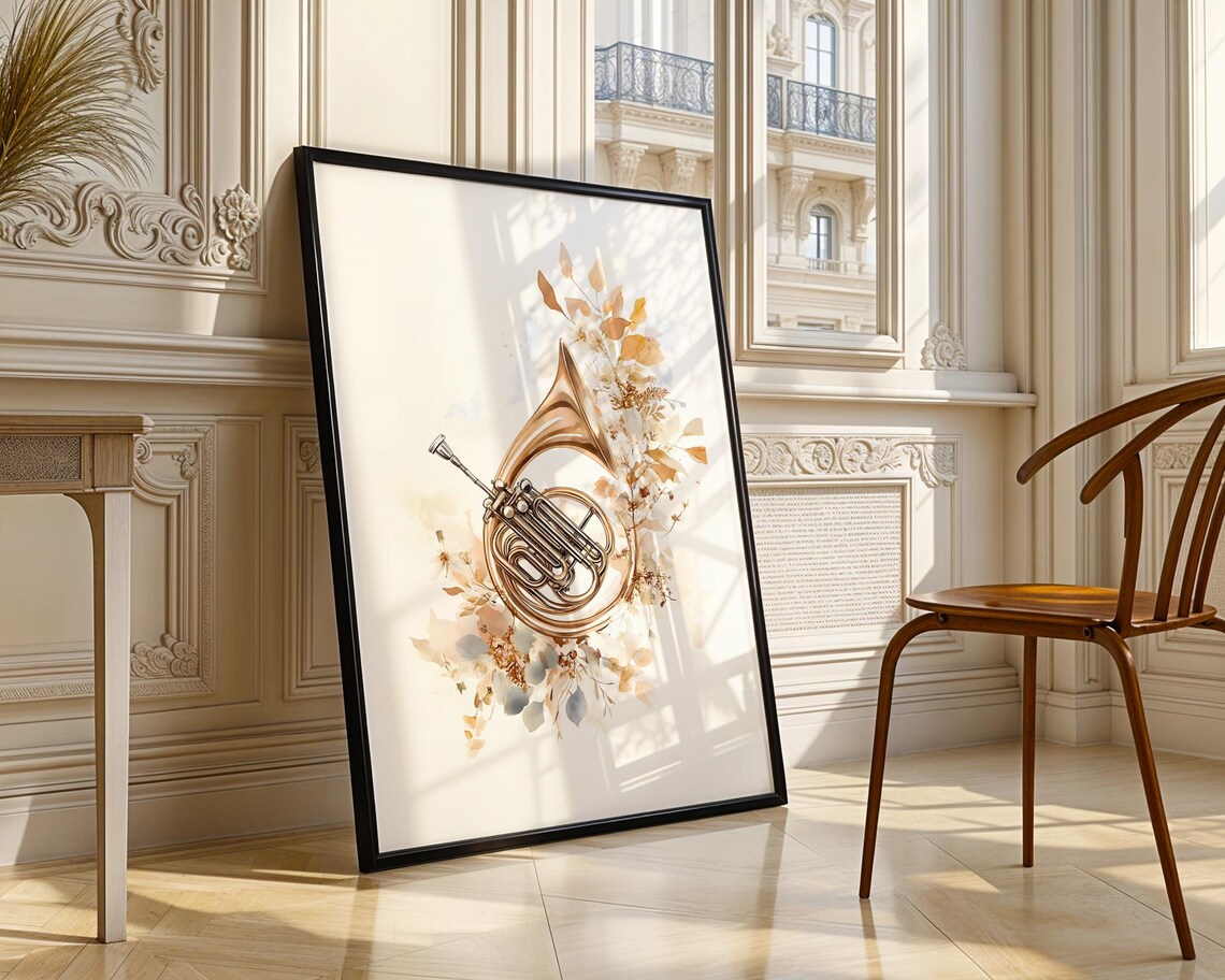 Golden French Horn Watercolor Floral Botanical Music Instrument Poster - Image 4