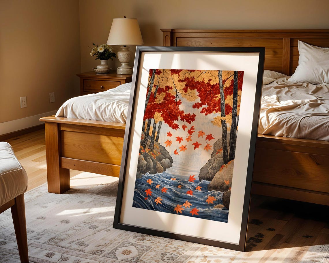 Japanese Autumn Gorge Art Poster with Falling Red Maple Leaves - Image 4