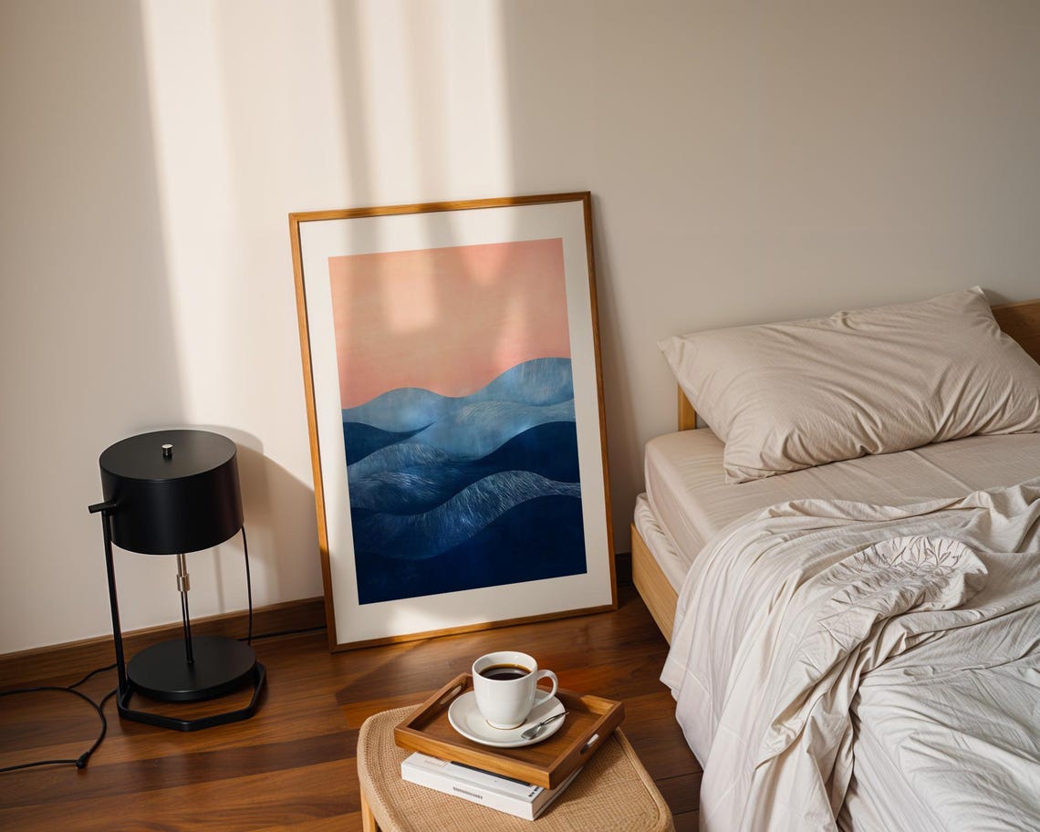 Abstract Navy Blue Rolling Hills Art Poster with Blush Pink Sky - Image 2