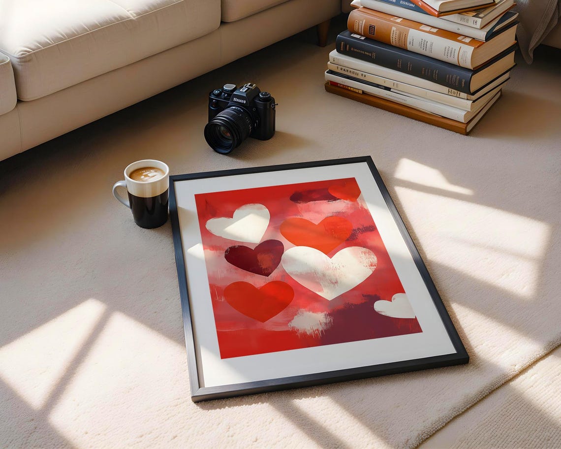 Red And White Abstract Hearts Painterly Valentine Romantic Wall Art - Image 5