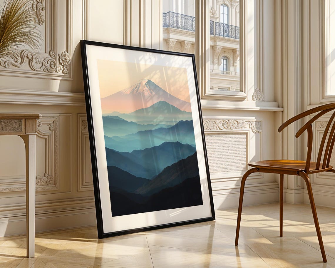 Mount Fuji Above Blue Misty Mountain Layers Minimal Art Poster - Image 3