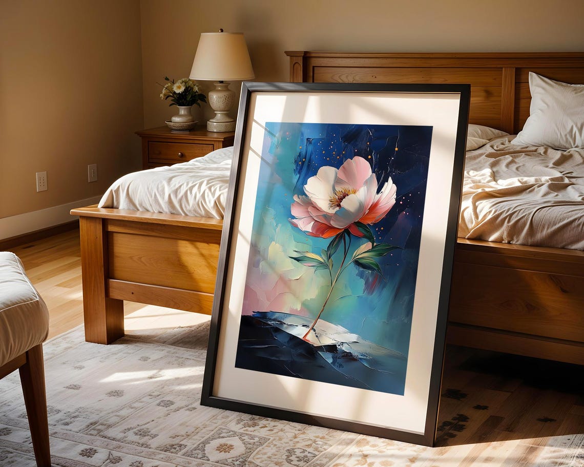 White Flower on Midnight Blue Abstract Gold Floral Style Poster - Image 4