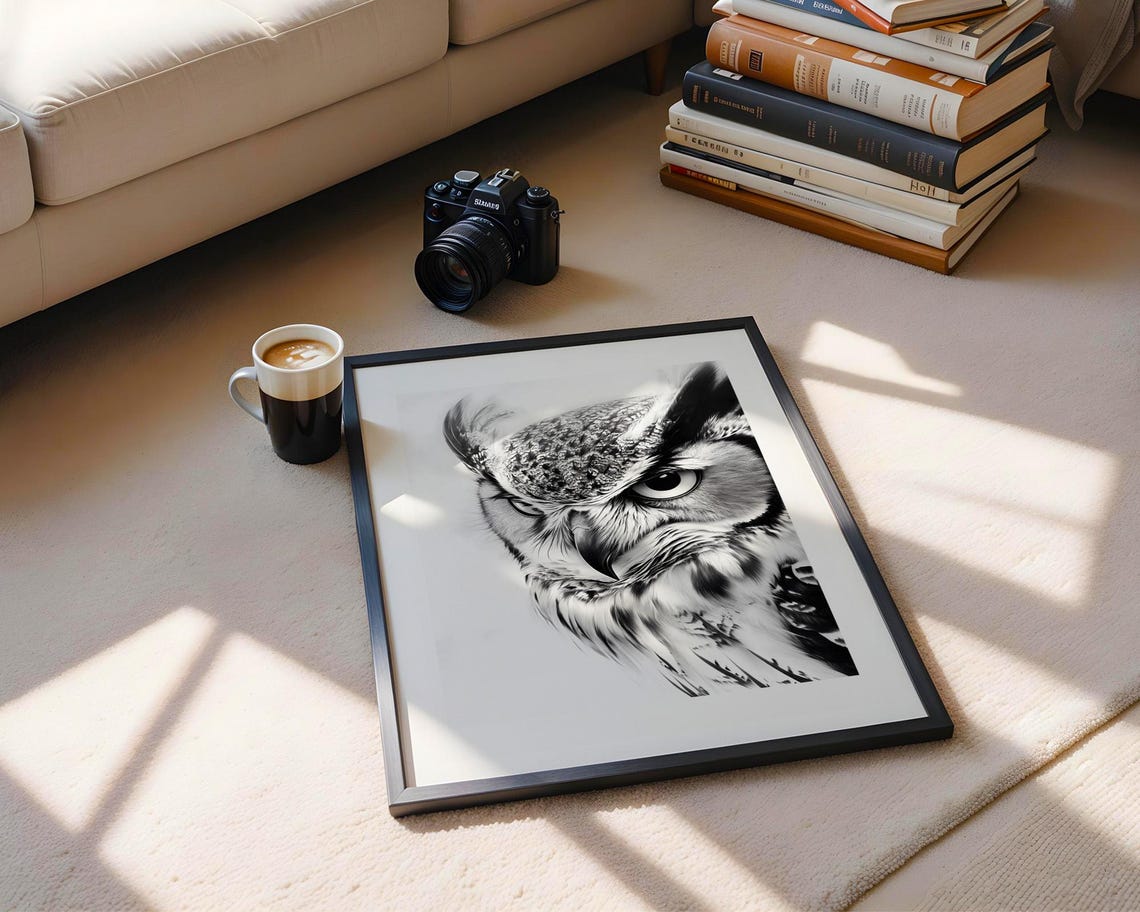 Intense Great Horned Owl Closeup Monochrome Wildlife Sketch Poster - Image 3