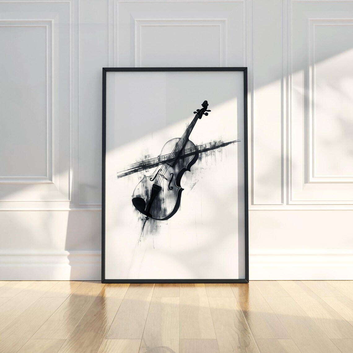 Violin with Music Staff Lines Black Ink Abstract Classical Art Poster
