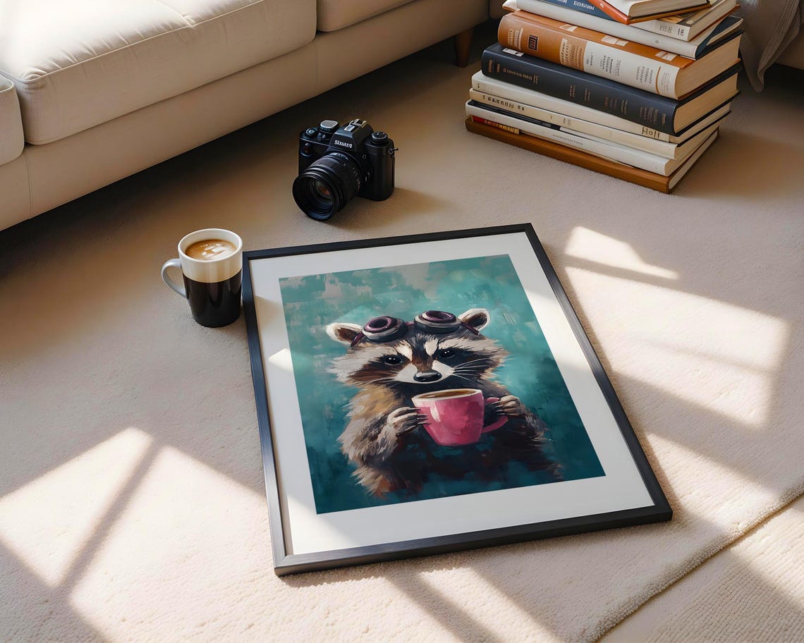 Whimsical Raccoon Coffee Mug Goggles Animal Art Illustration Trendy Wall Room Decor Prints Print - Image 5