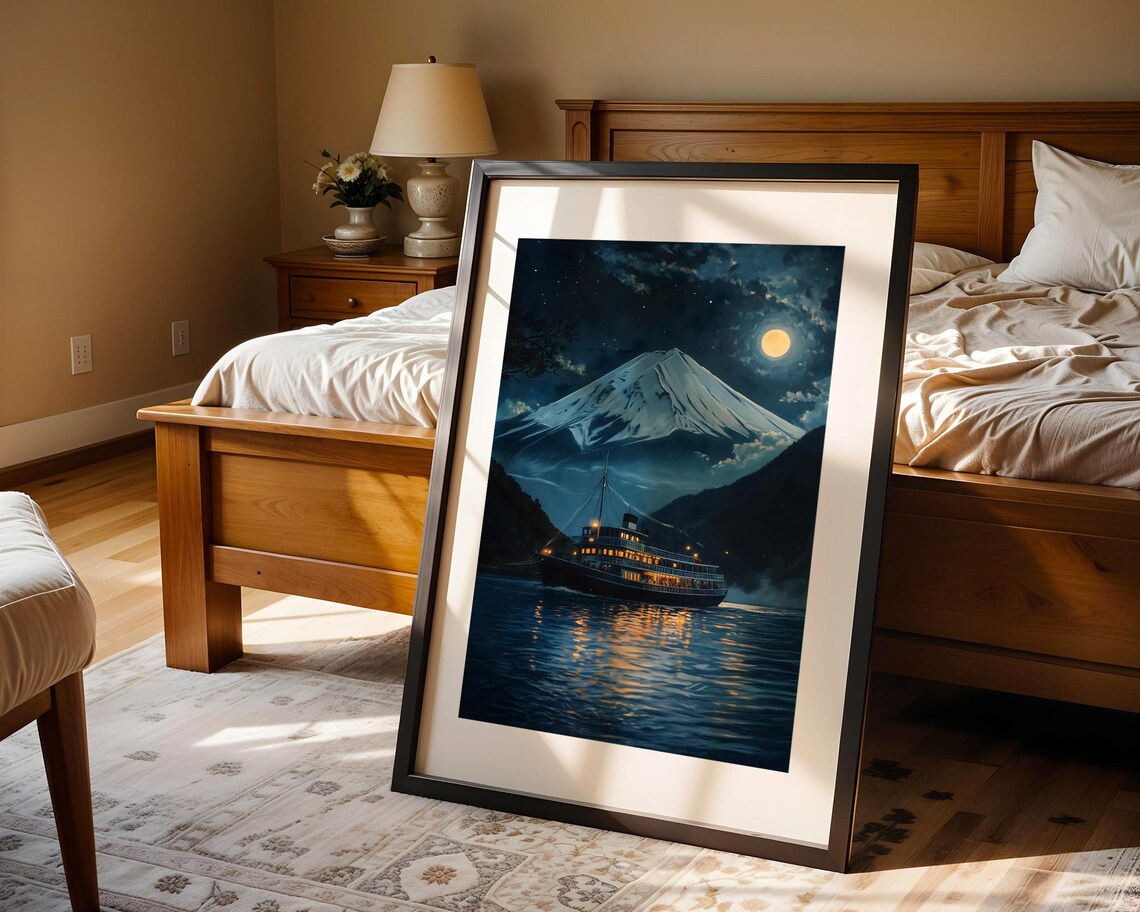 Moonlit Mount Fuji Lake Night Boat Japanese Landscape Art Poster - Image 4