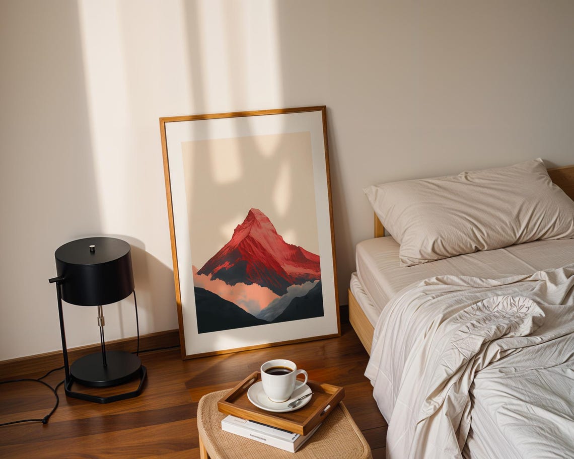 Bold Red Mountain Peak Above Misty Clouds Striking Modern Art Poster - Image 2