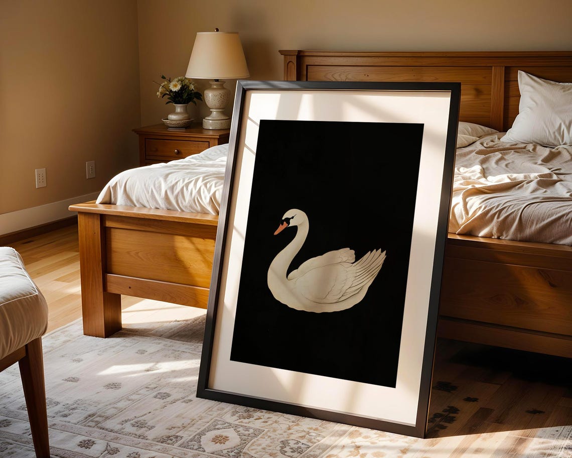 Vintage White Swan Black Background Elegant Bird Painting Poster - Image 4