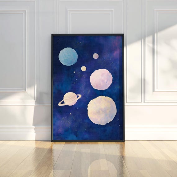Dark Blue Abstract Nursery Space Wall Art Print Planets Stars Celestial Kids Playroom Decor Outer Fine Gift For Baby Boy Girl