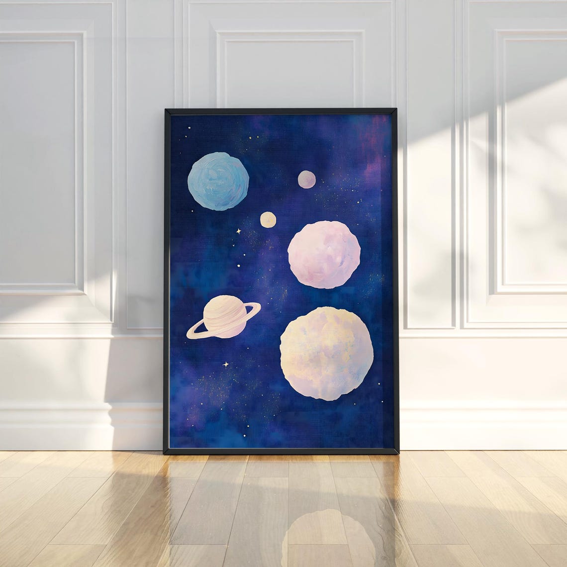 Dark Blue Abstract Nursery Space Wall Art Print Planets Stars Celestial Kids Playroom Decor Outer Fine Gift For Baby Boy Girl