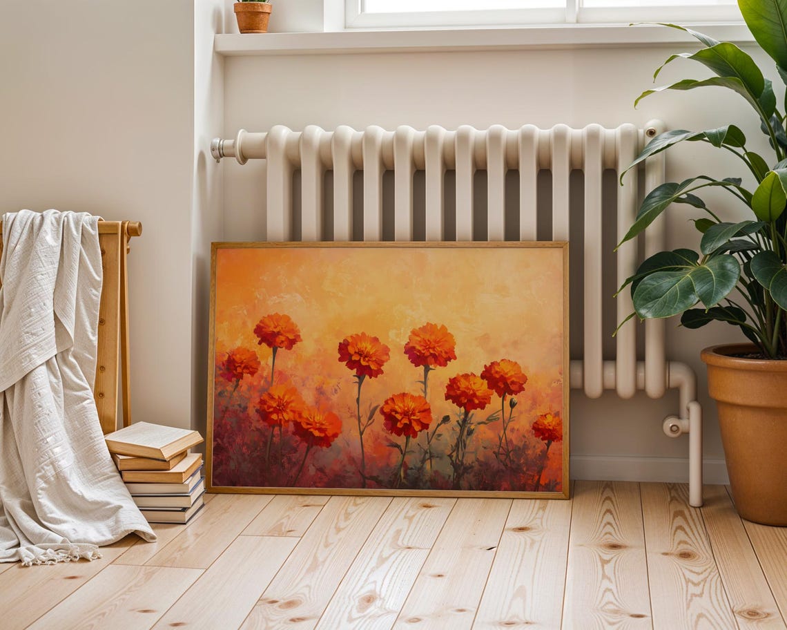 Vibrant Orange Marigold Flowers Golden Yellow Background Art Poster - Image 5