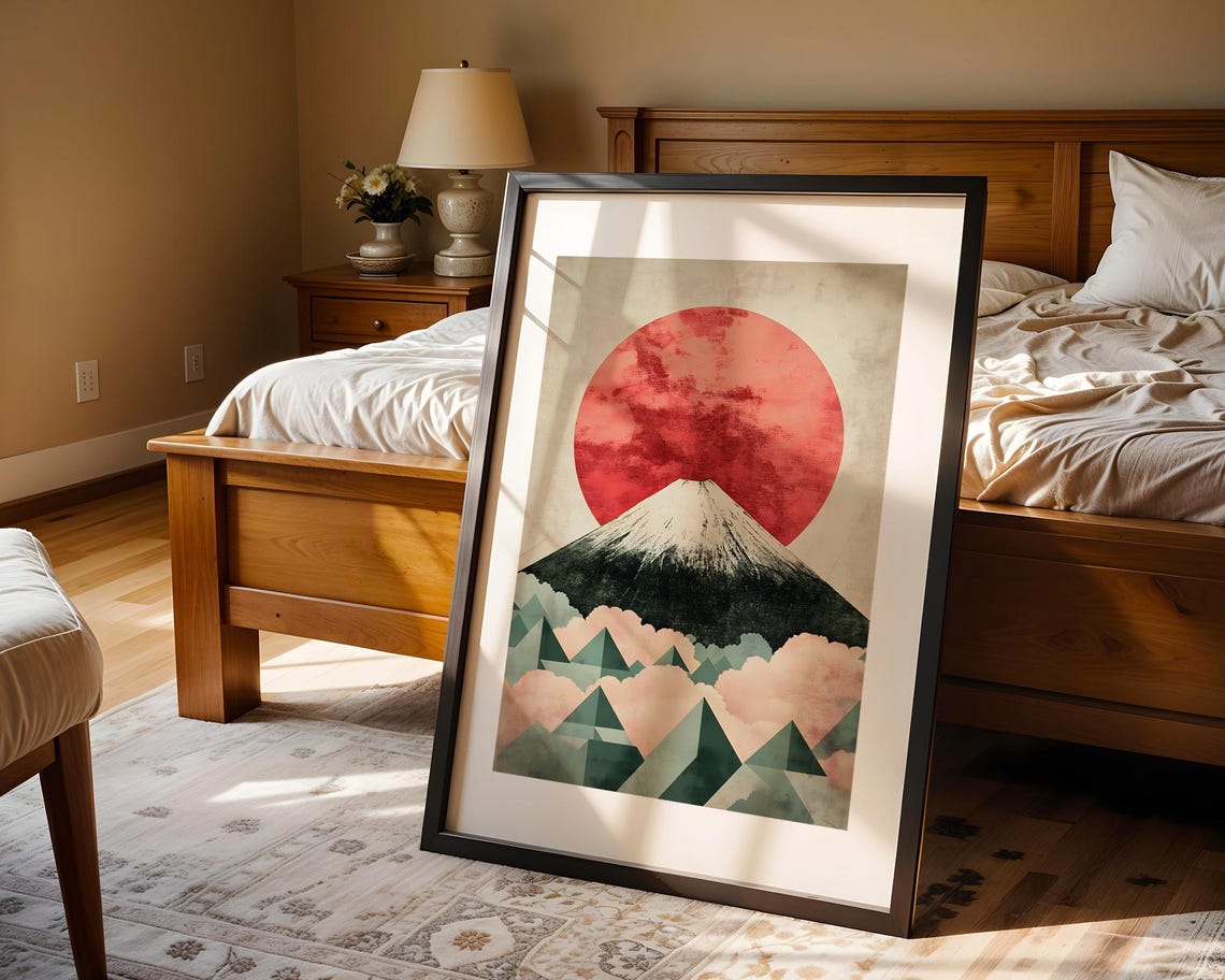 Mount Fuji Under Giant Red Sun Modern Geometric Japanese Poster - Image 4