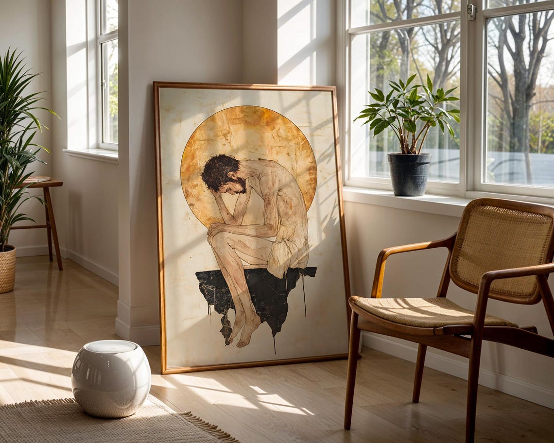 Contemplative Seated Man Sepia Watercolor Gold Circle Fine Art Poster - Image 3