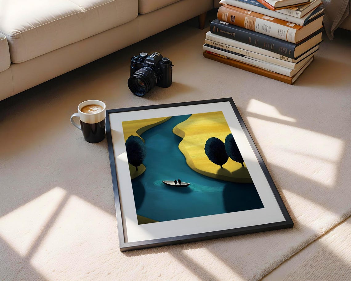 Golden River Minimalist Aerial Abstract Boat Journey Style Poster - Image 5