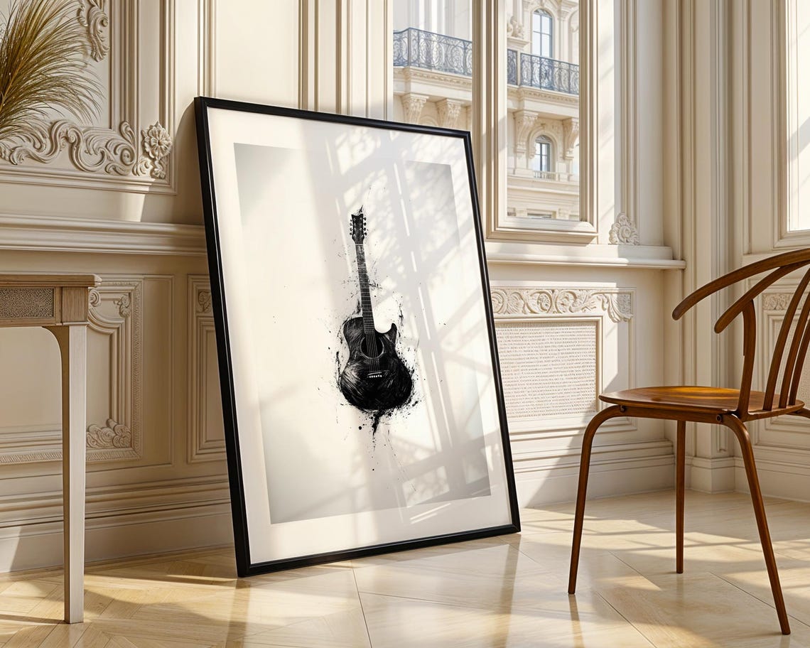 Black Acoustic Guitar Ink Splatter Abstract Rock Music Art Poster - Image 4