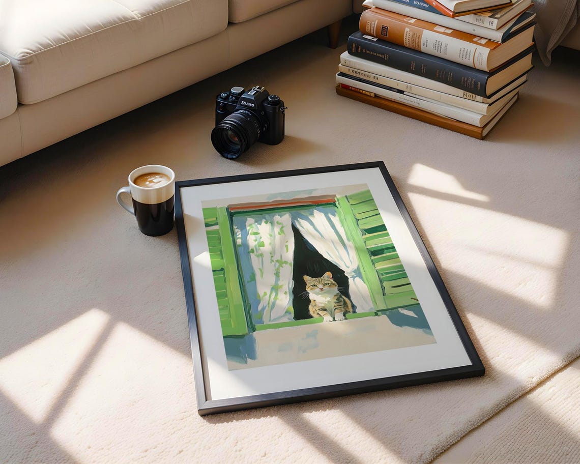 Cat in Green Shuttered Window White Curtain Impressionist Poster - Image 5