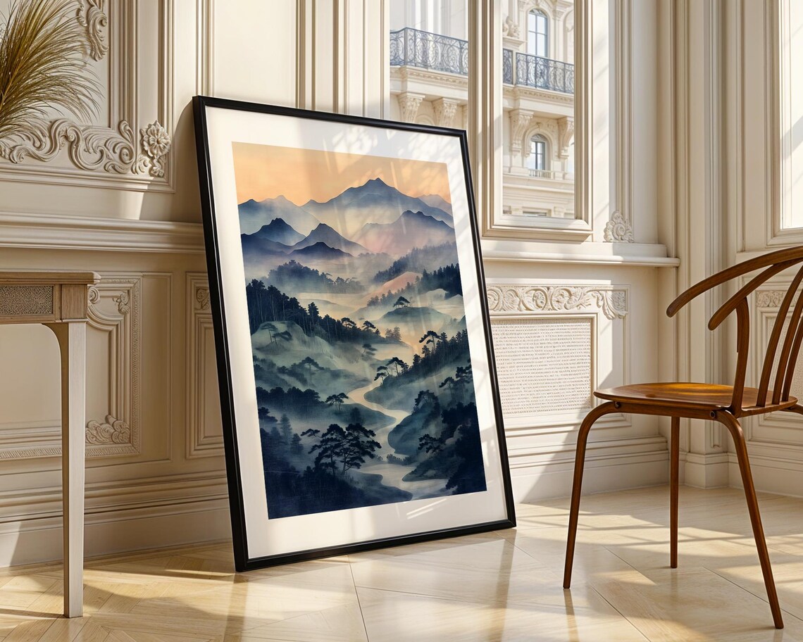 Misty Blue Mountain Valley River Japanese Watercolor Art Poster - Image 3