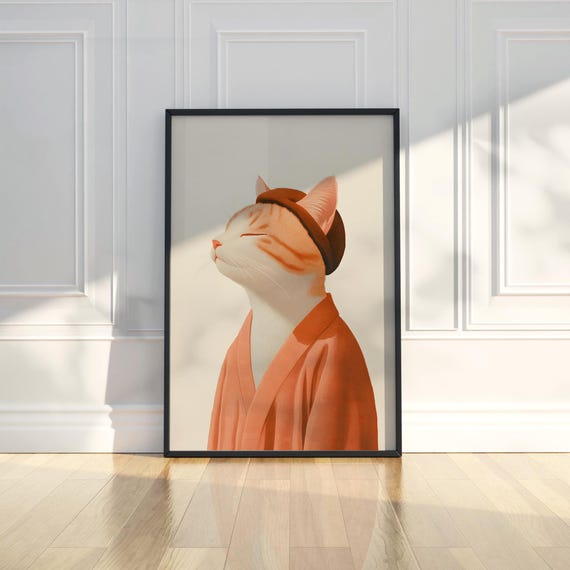 Funny Pajamas Cat With Hat Wall Art Print Quirky Animal Kitten Poster Zen Trendy Modern Home Decor Nursery Gift