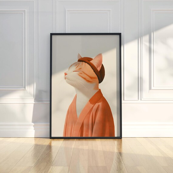 Ginger Cat In Orange Robe Whimsical Pet Portrait Artwork Poster