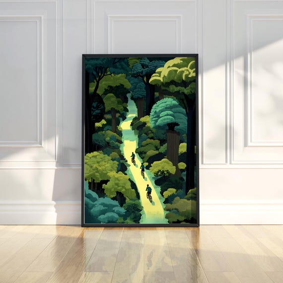 Forest Cyclist Bike Rider Painting Retro Poster Wall Art Print Modern Nature Sports Home Room Decor Artwork Gift