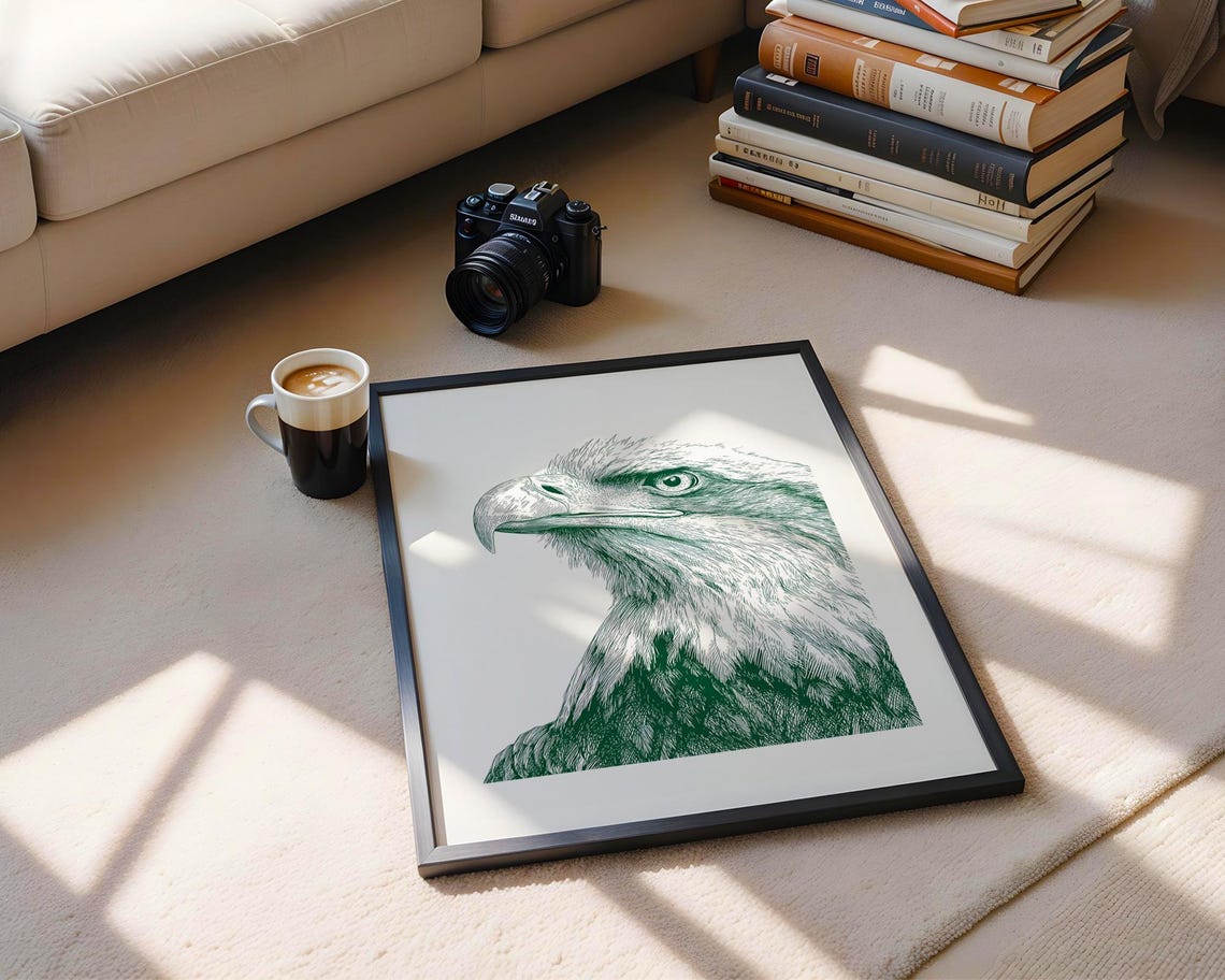 Bald Eagle Head Green Ink Engraving Style Wildlife Portrait Poster - Image 6