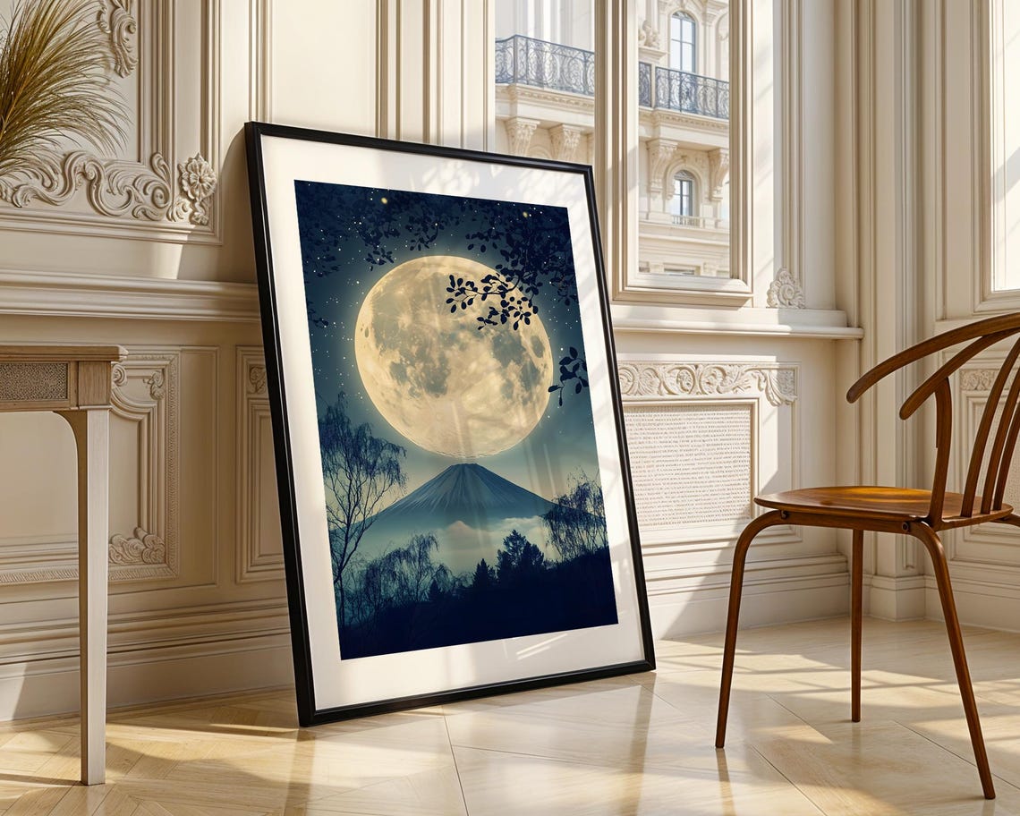 Japan Full Moon Rising Over Mount Fuji Night Sky Scene Poster - Image 3