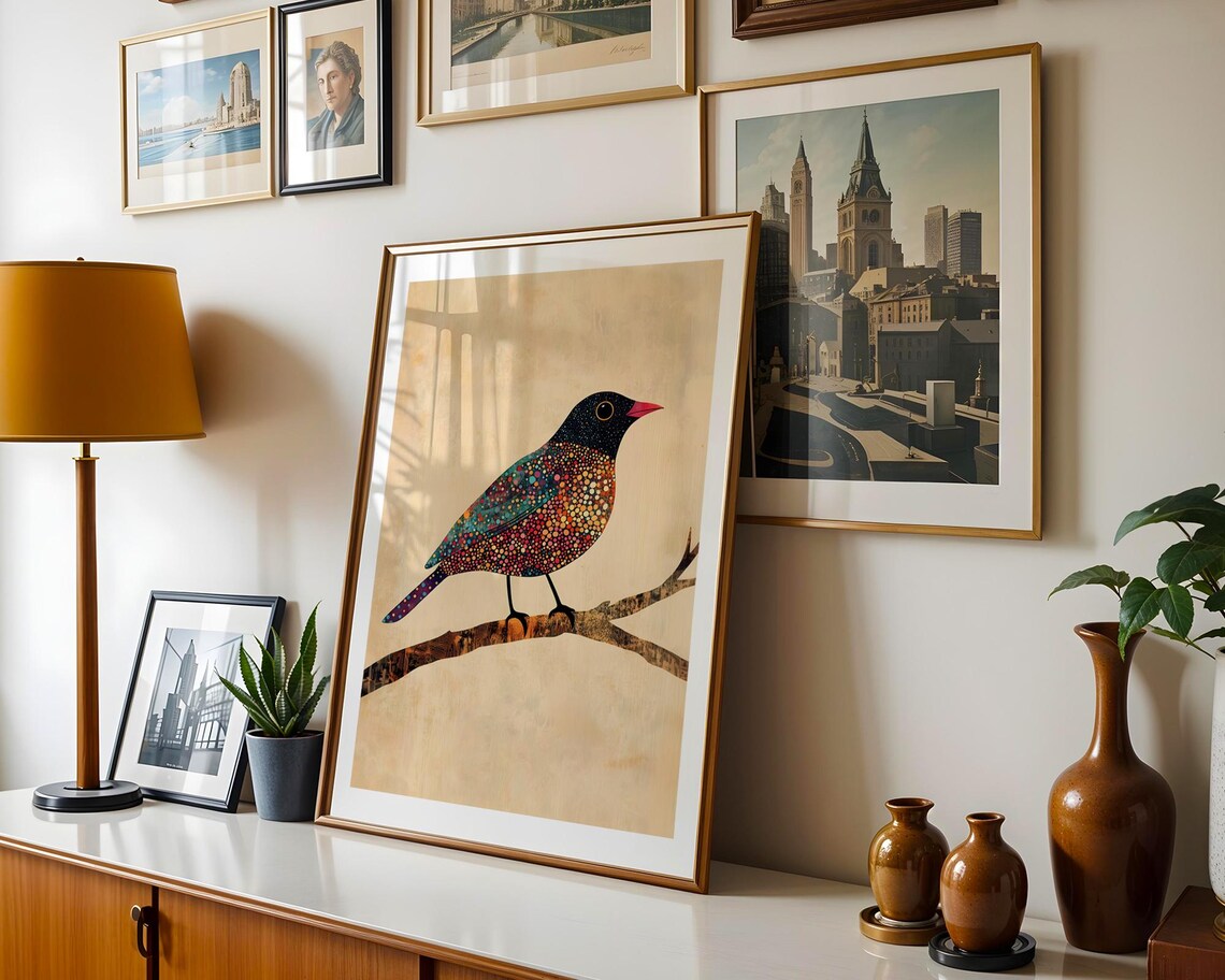 Colorful Mosaic Songbird On Branch Black Head Red Beak Wall Print - Image 5