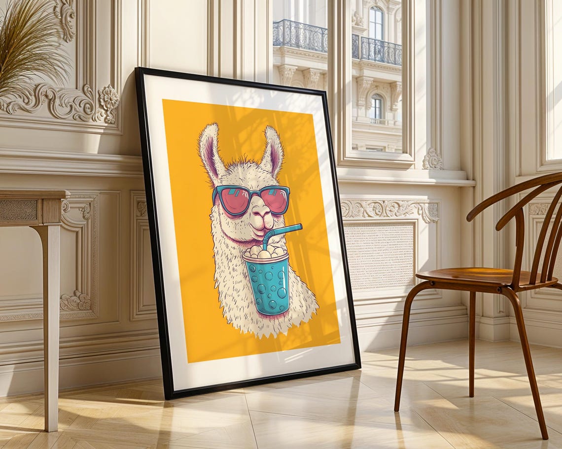 Llama With Sunglasses Drinking Smoothie Pop Art Illustration Trendy Wall Modern Prints Room Decor Print Funny - Image 5
